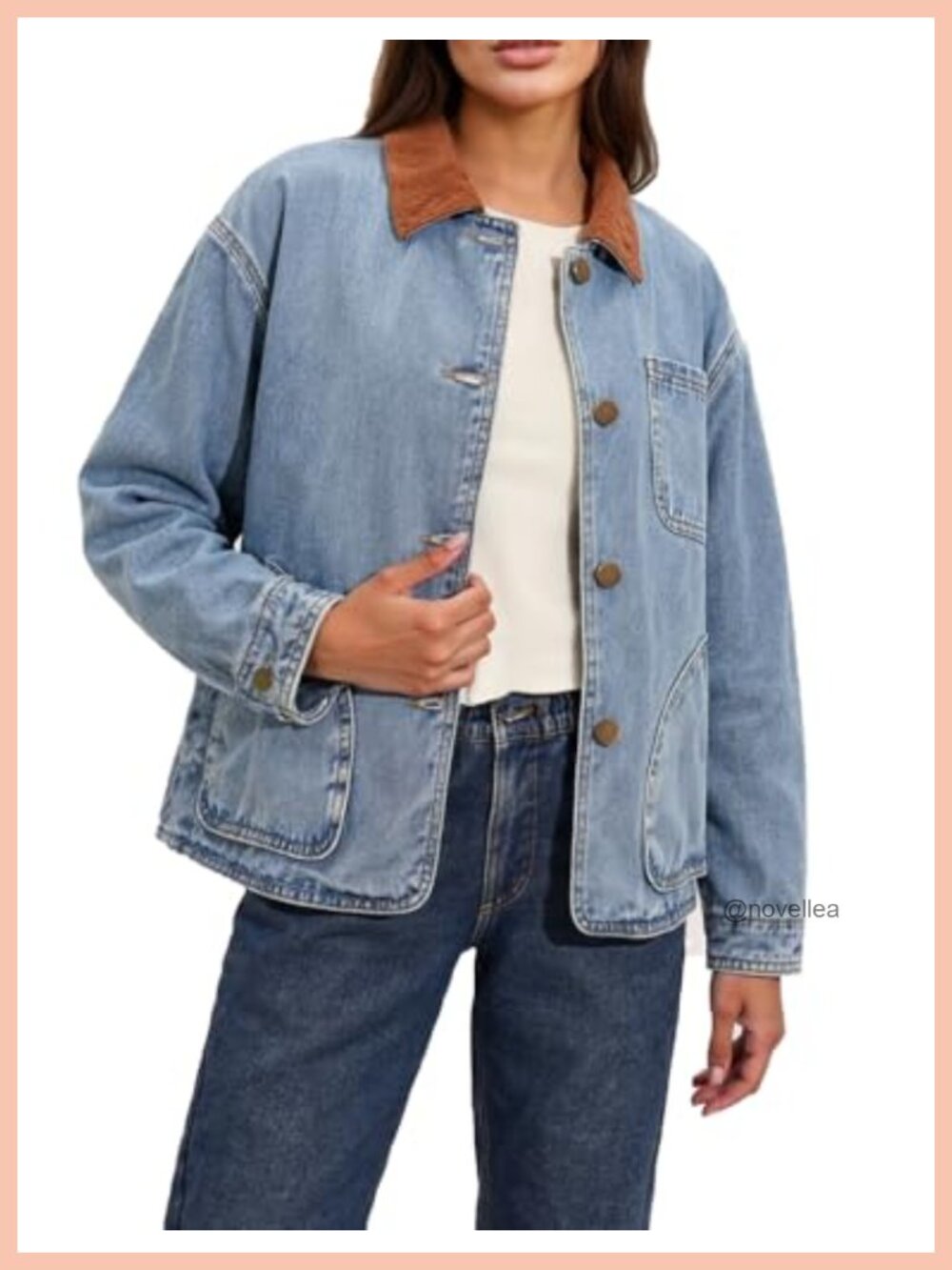 Womens Oversized Cotton Denim Jacket Corduroy Collar Barn Chore Coat